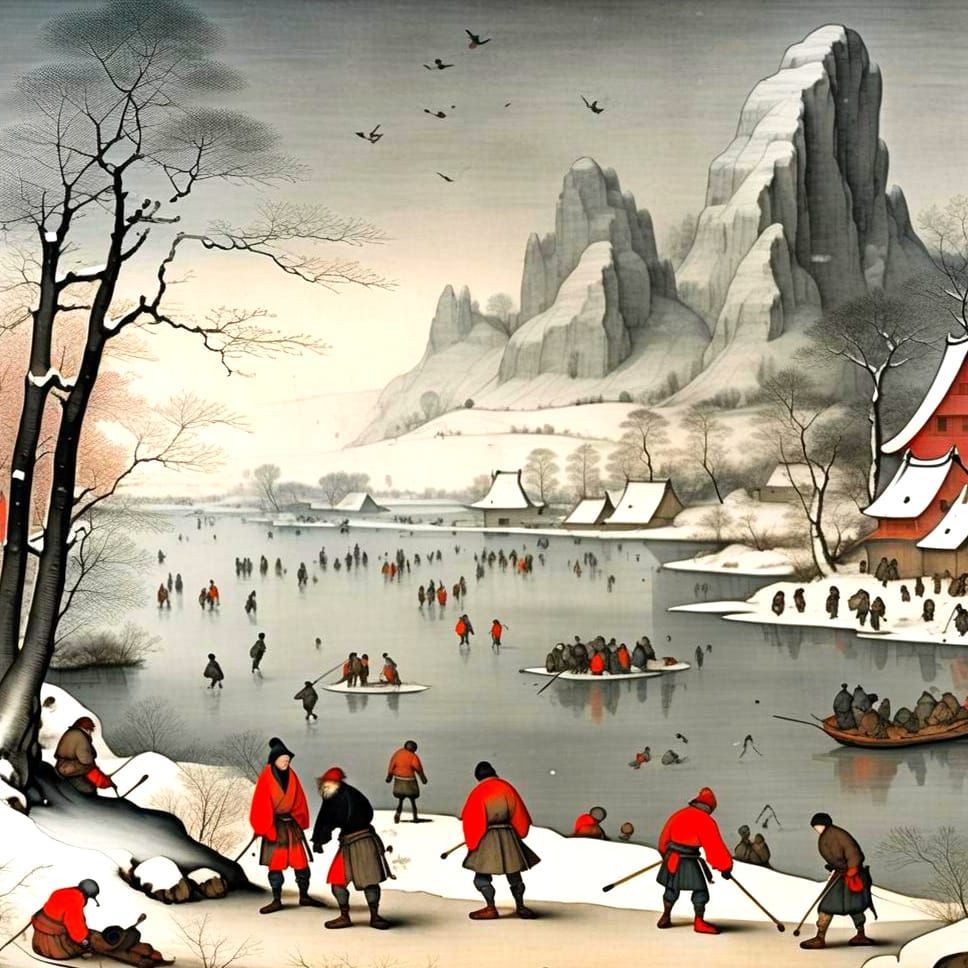 Monochrome Japanese Landscape with Skaters, Ink Drawing