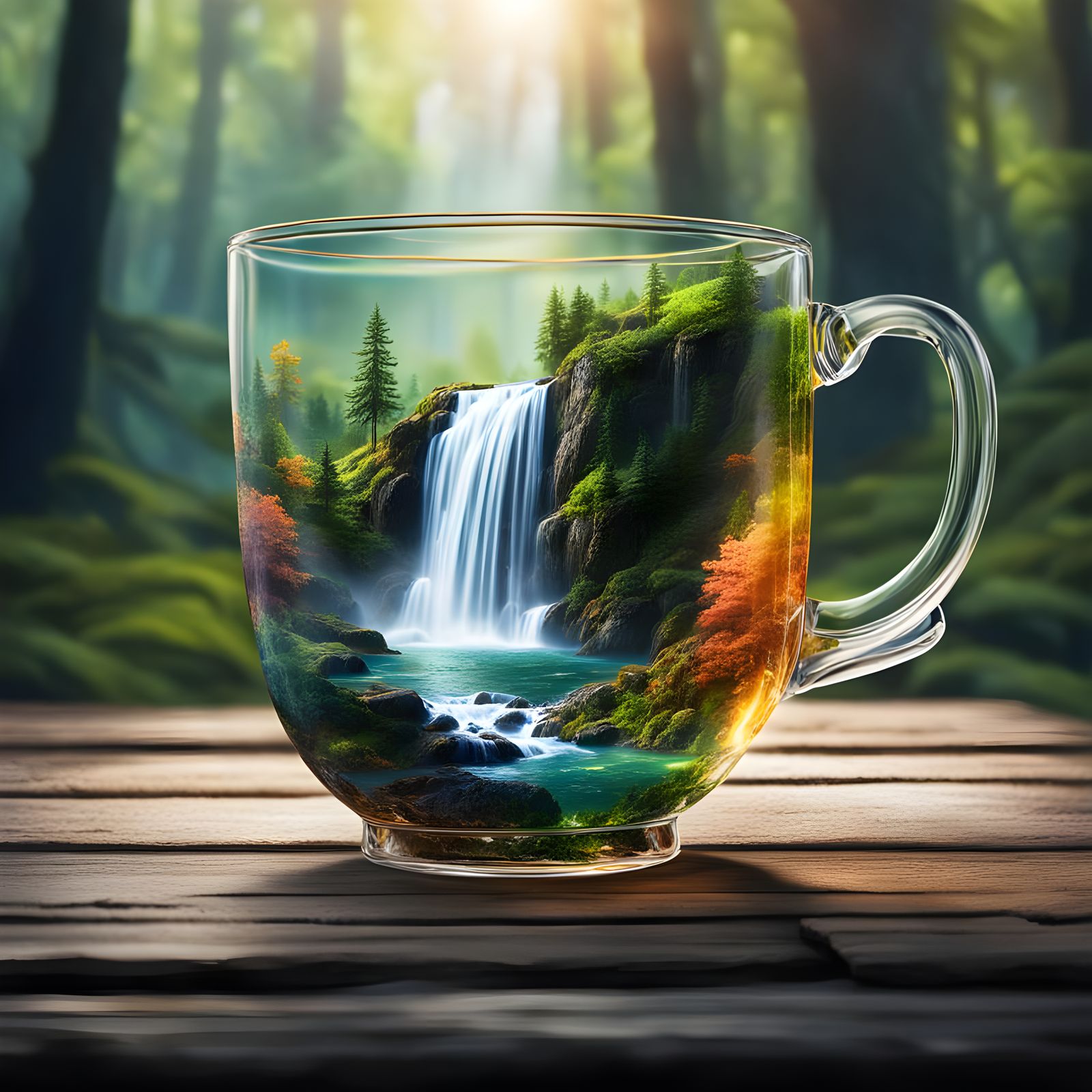 A see through glass tea cup, waterfall, forest. High resolution.   by @Irene