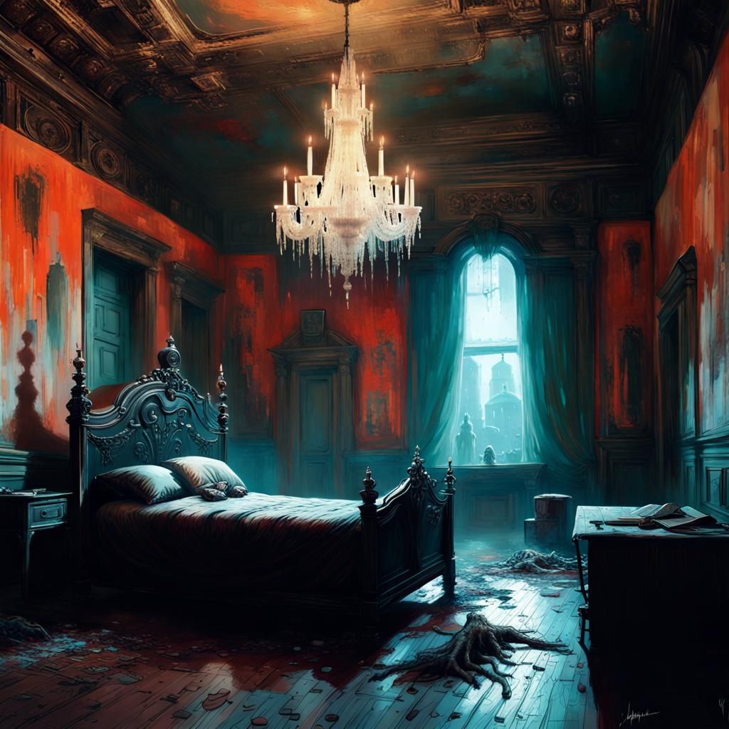 Void_monster in an old palace bedroom, chandelier, acrylic, oil ...