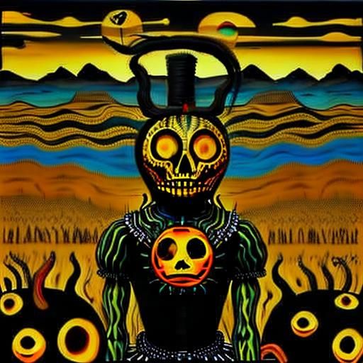 <lora:Screaming Dots V2:1.0> Harvest culture scarecrow holding a stick WideLong Fantasy illustration ...  by @niles cc lover