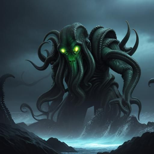((Cthulhu)), ominous, terrifying, orange glow, blue transluc...