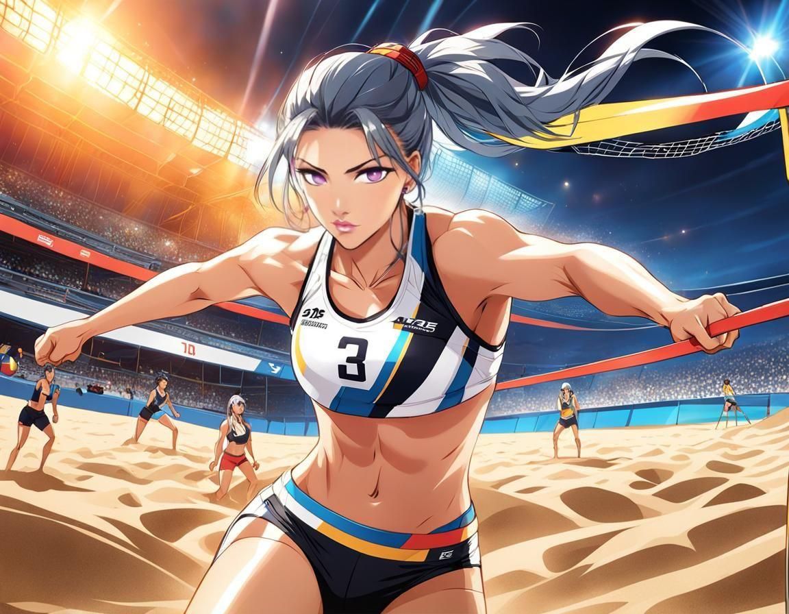 A young woman intensely training for beach volleyball,