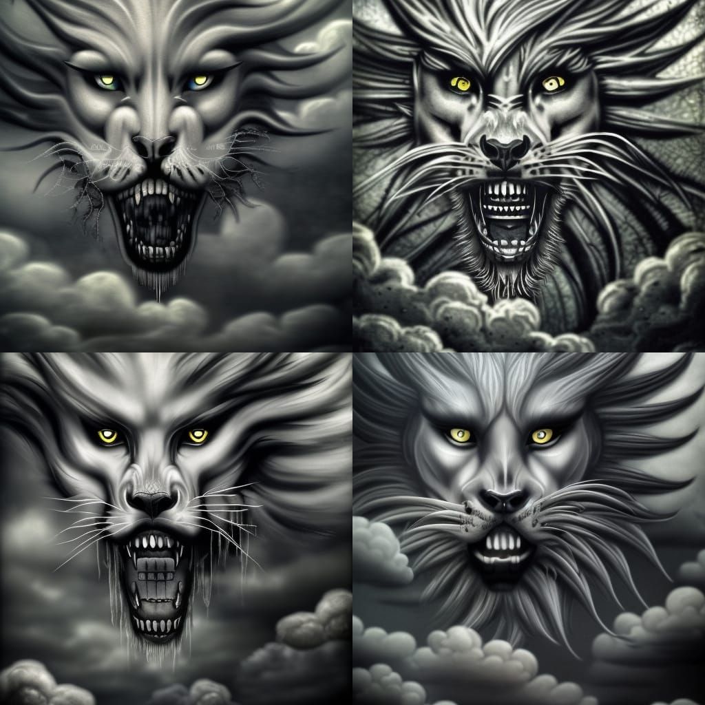 Roaring lion, creature of nightmares, made of cumulus nimbus, storm