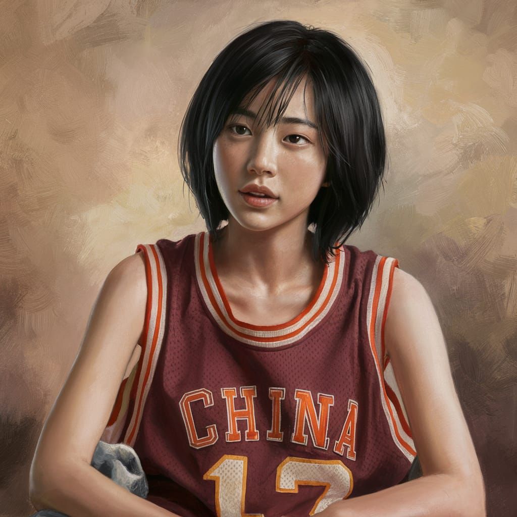 A portrait of a woman wearing a basketball jersey