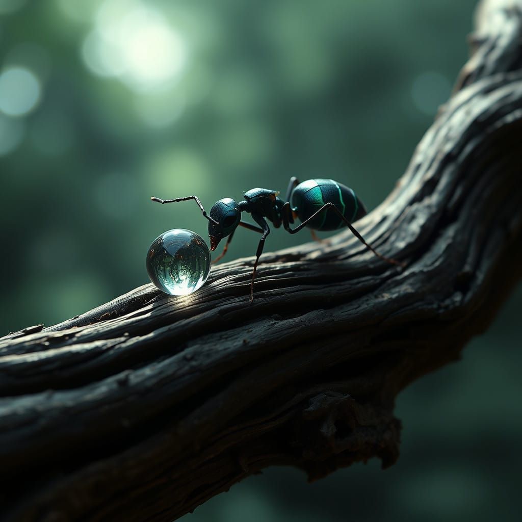 Macro photography of an ant rolling a droplet of water on a branch   by @Alex