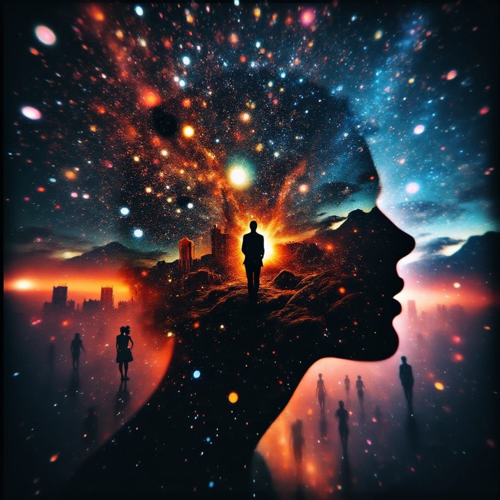 <lora:Abyss:1.0>double exposure  Miniature universe   of memories inside  an colorful silhouette head , surreal, floating gliter and sparks...