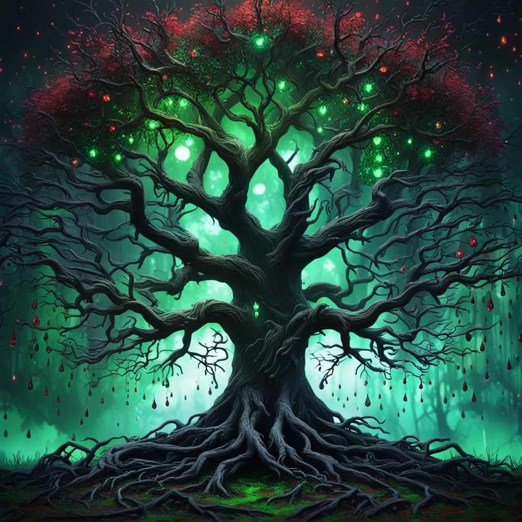 A Creepy Sparks lighting Black branches form Dark world tree...