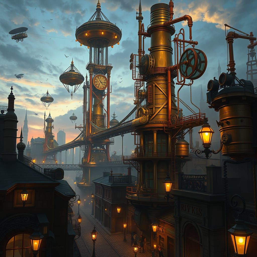 A bustling steampunk cityscape at twilight, with towering brass and copper structures connected by intricate pipework and sky-bridges. Dirig...