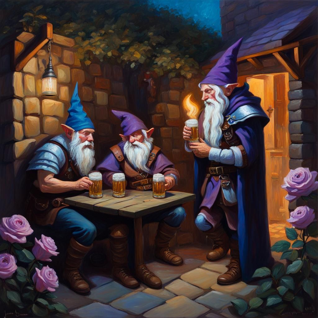 Gnome magician shows trick with beer