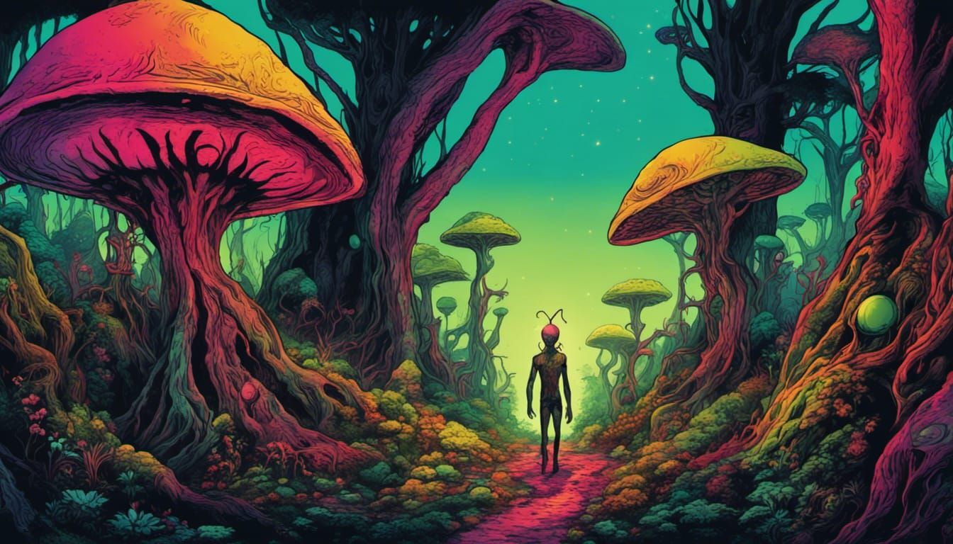 an alien psychedelic forest elf walking in an alien psychede...