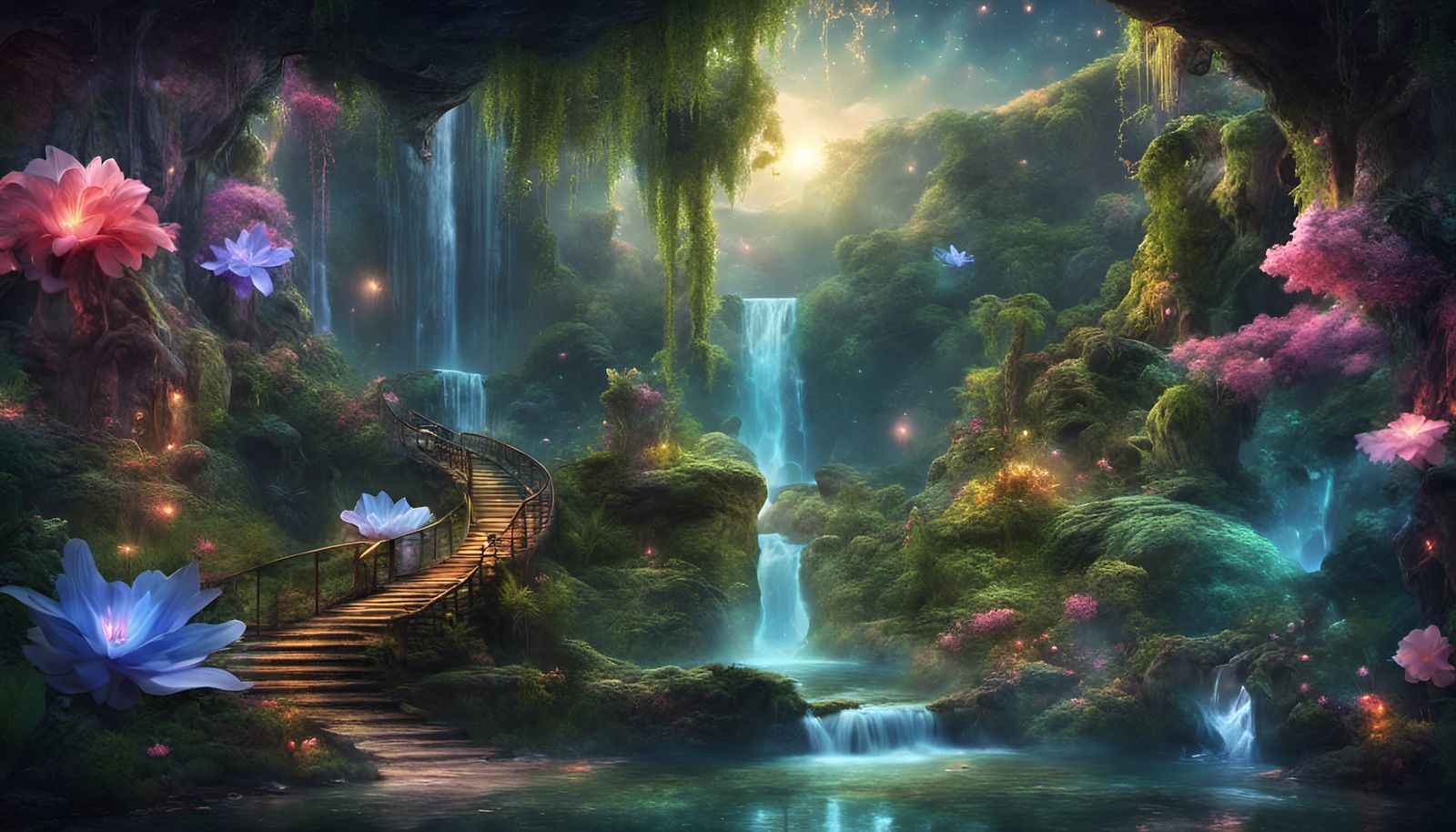 3D fantasy world rich colors a glowing serpant amid waterfalls galaxy ...