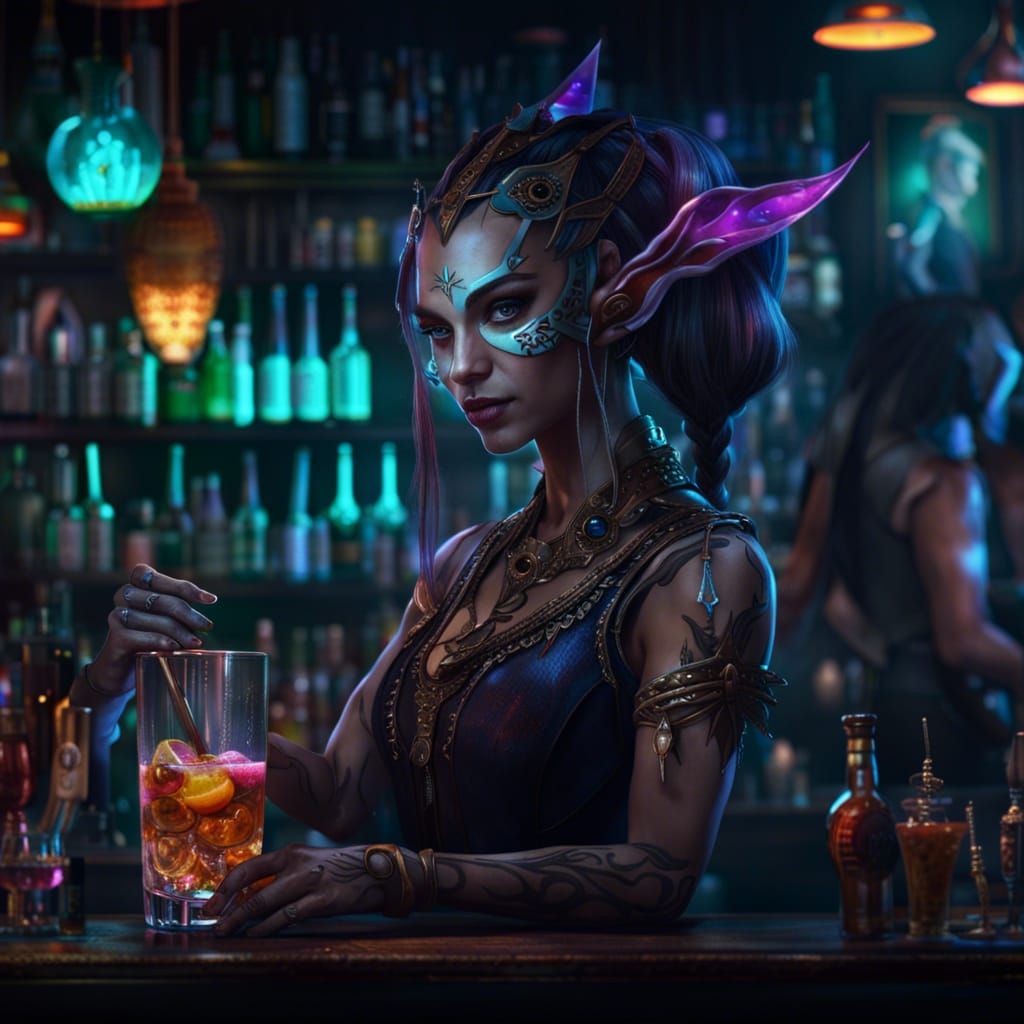 An dark elven bartender shaking cocktail in a very busy bar ...
