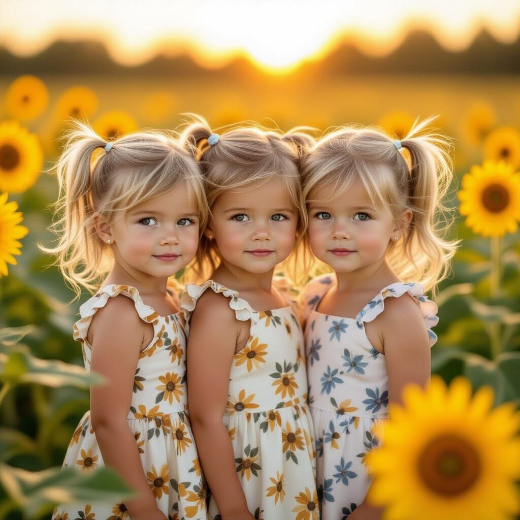 Triplets in Sunflower Field at Golden Hour
