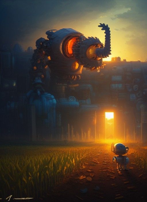 An angry chunky corncob robot inspecting cornfields