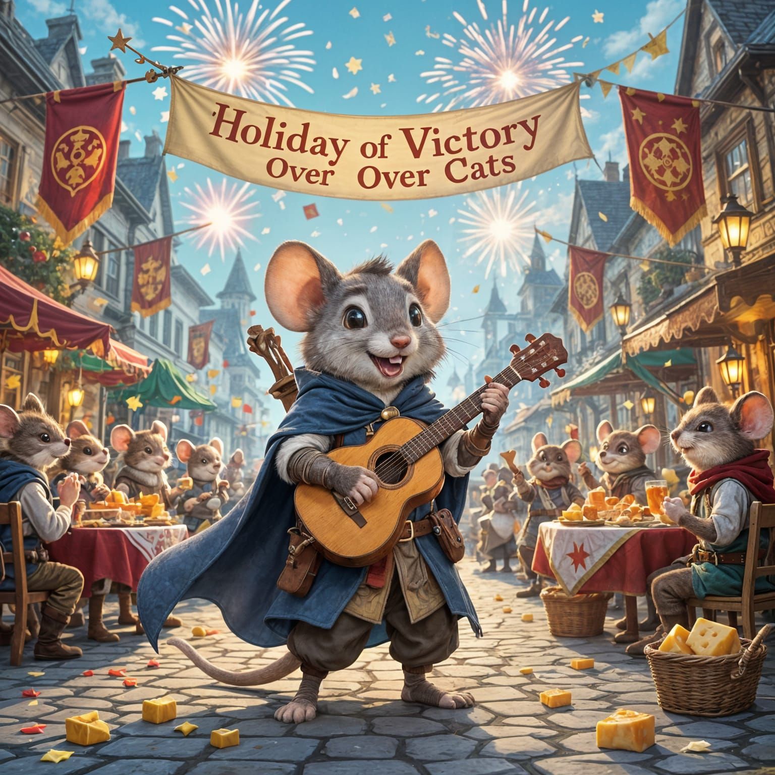 Epic but humorous celebration scene in fantasy style. Finn the mouse adventurer with a gray cloak, lute ...  by @Zhopen