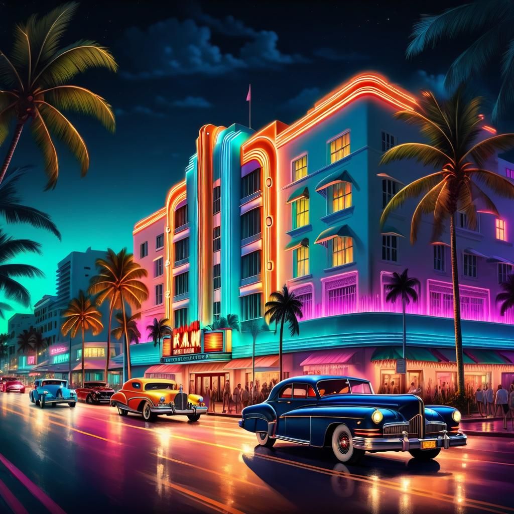 Ocean drive Miami Beach at night showing off their art deco ...
