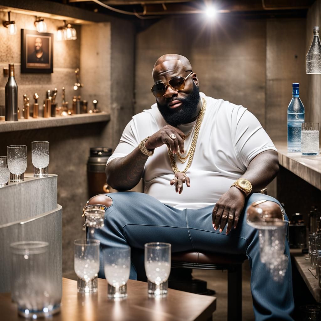 Rick Ross, rapper, sitting in a basement with water glasses ...
