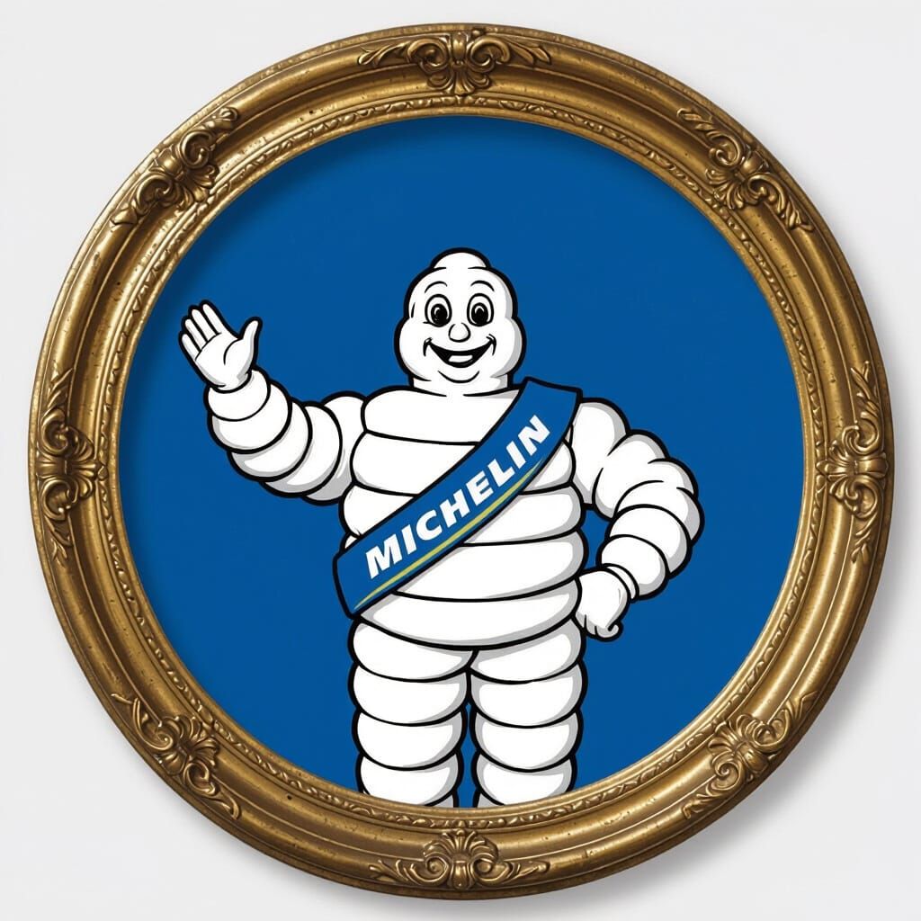 The Michelin man in a decorative round framing.