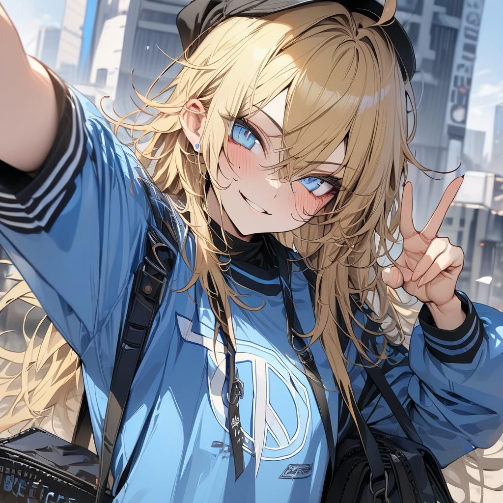 Cute Blonde Girl with Blue Eyes Giving Peace Sign