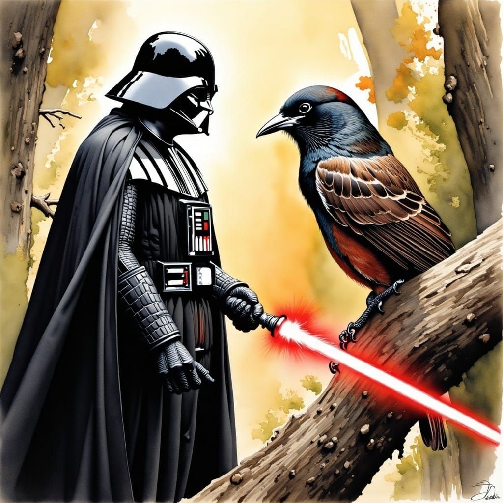 <lora:Avian Ink Flux:1.0> Darth Vader facing Obi-Wan