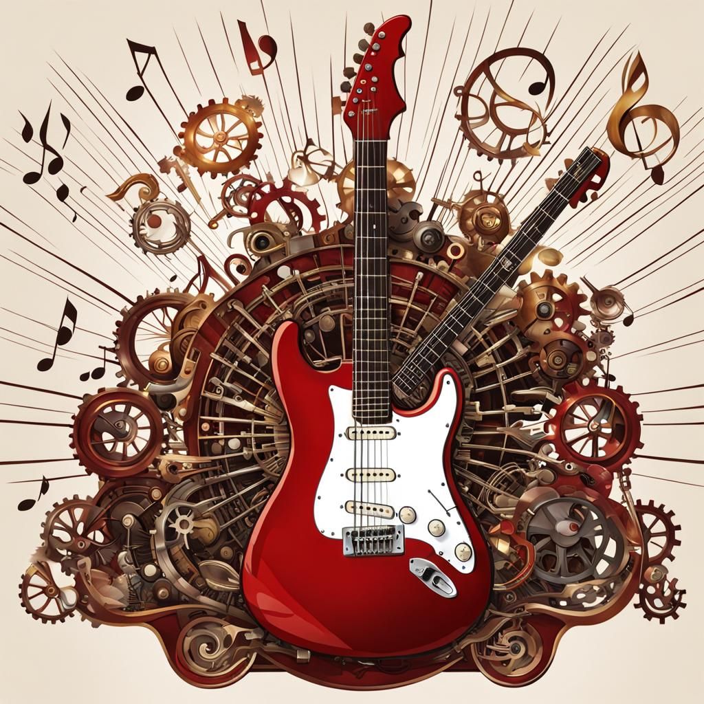 Guitar Tiffany style sunburst red music notes flowing out au...