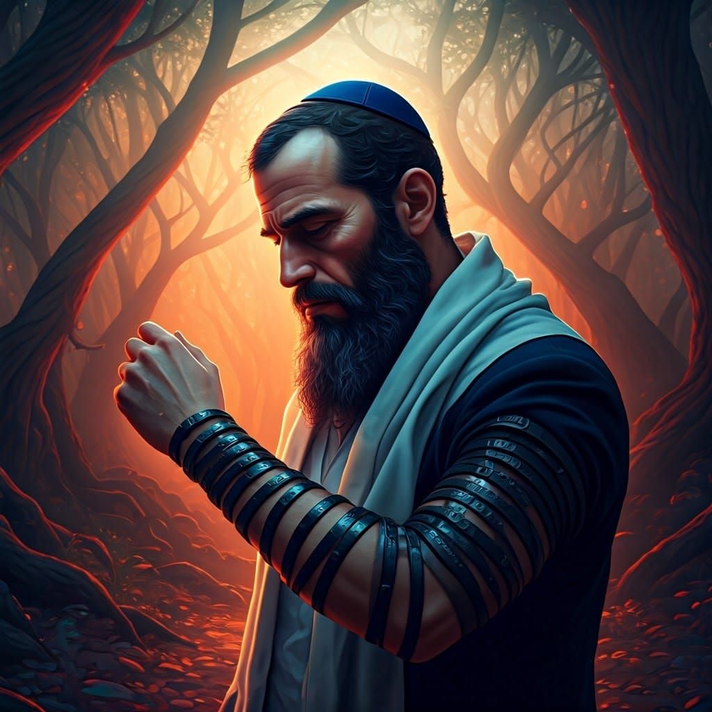 Mystical Forest: Jewish Man with Tefillin in Fantasy Art