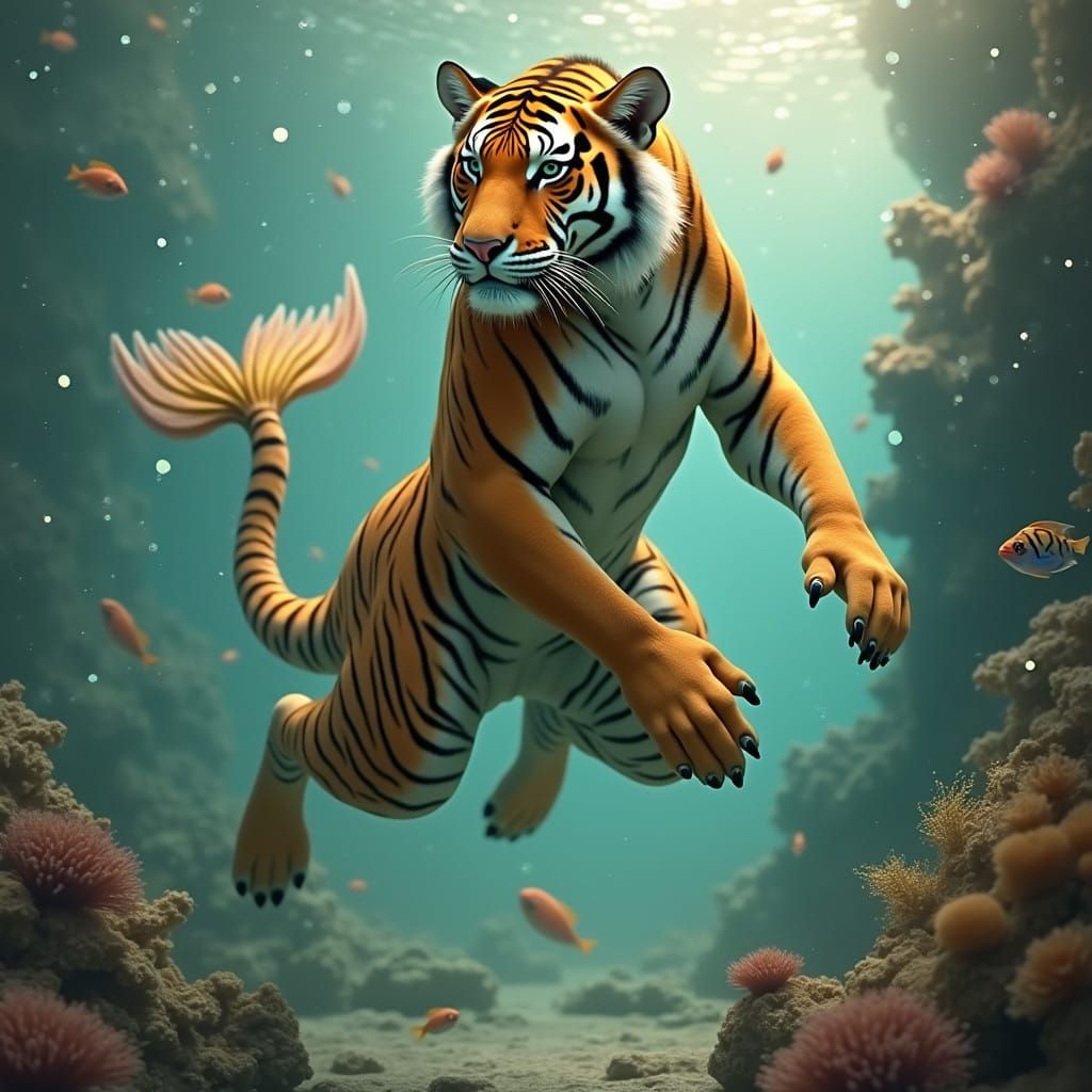 <lora:FiosFantasySeashells:1.0> A Mermaid / Tiger hybrid <lora:Magical Water Flux:1.0> under the ocean in a coral reef Surrounded by tropica...