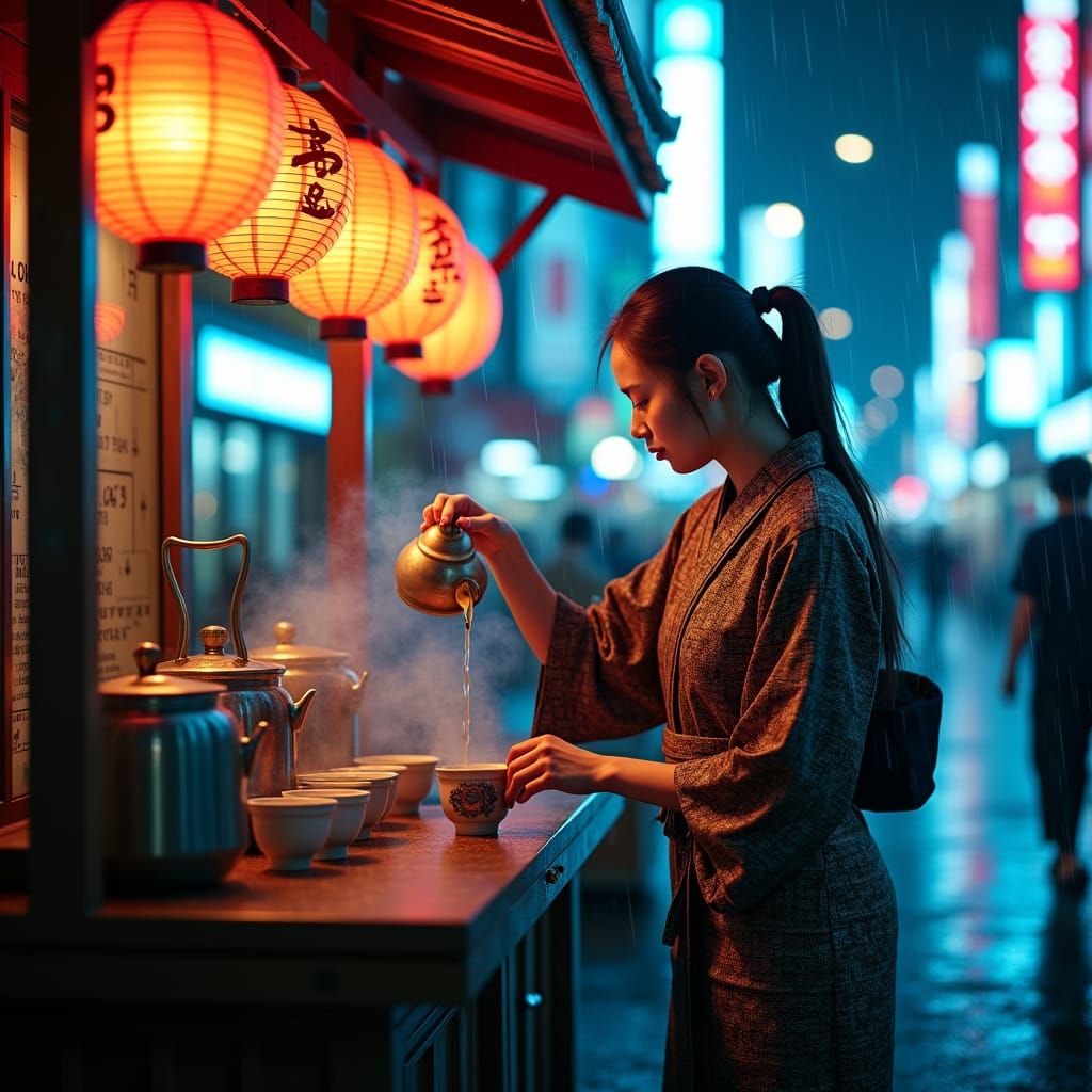 Style: A hyper-realistic, digital animation scene set in a Japanese cyberpunk city at night. The environment blends modern, futuristic build...