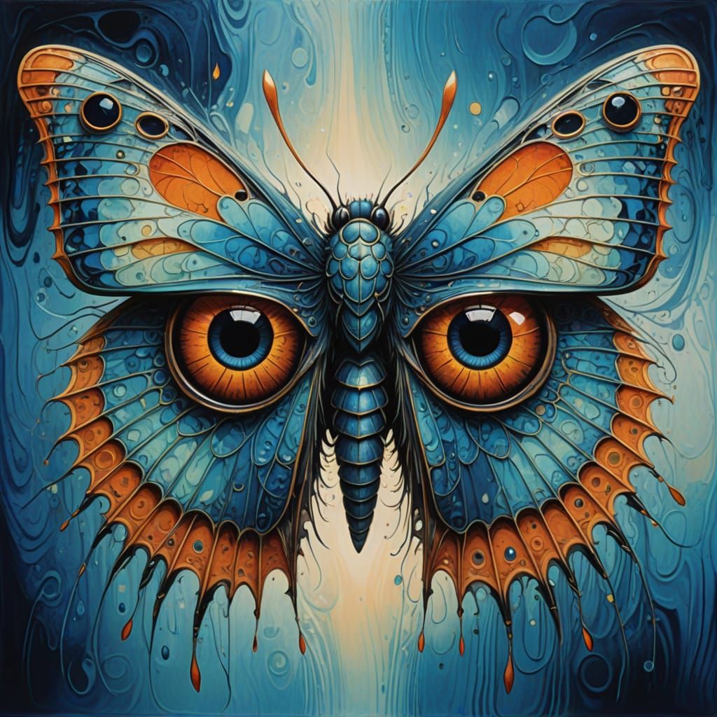 An abstract shape of eyes and lips embedded in the patterned wings like a face of a big, fantastical ...  by @Dorian