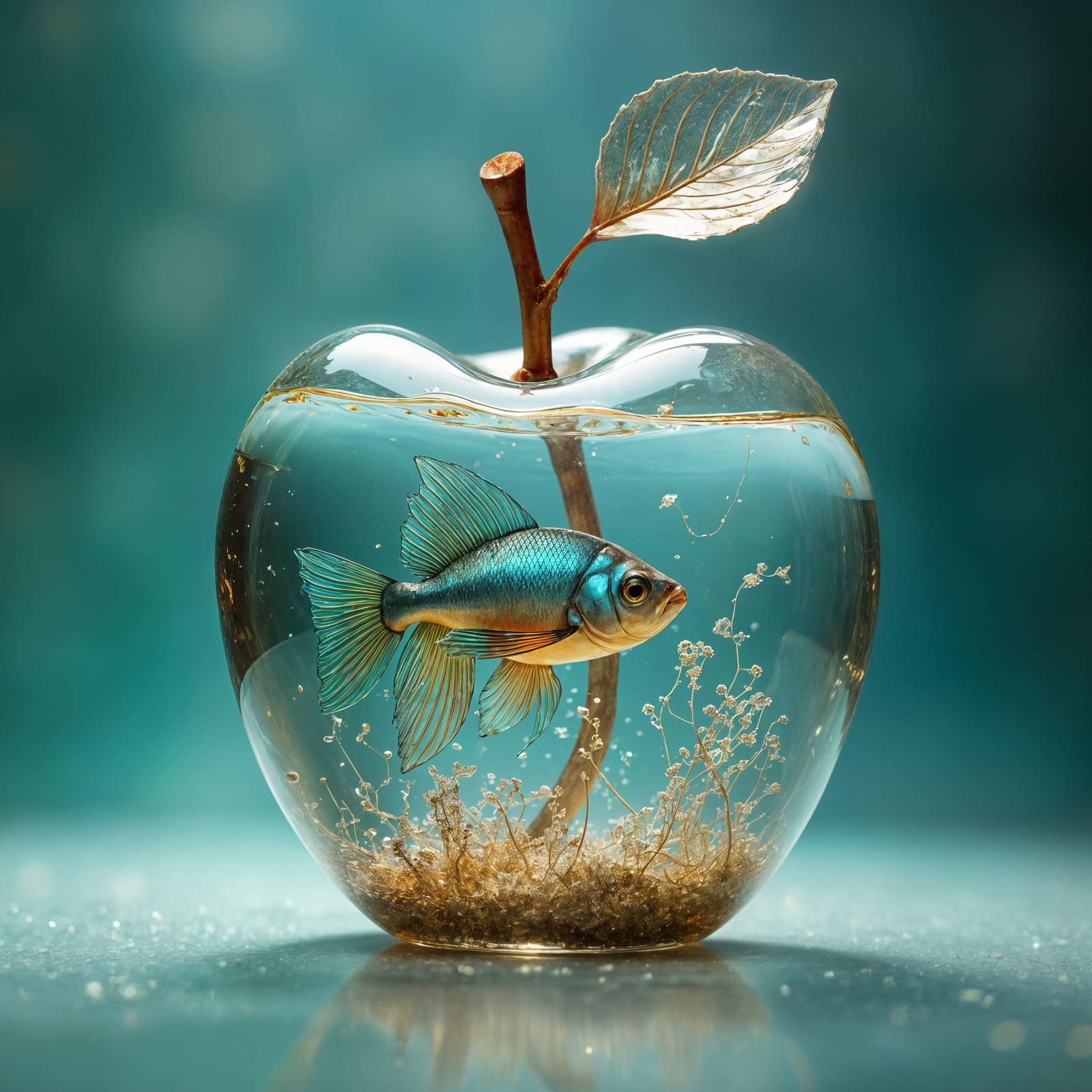 Glass, transparent apple, with a perfectly smooth, perfectly mirror-like surface, subtly reflects light, creating shimme...