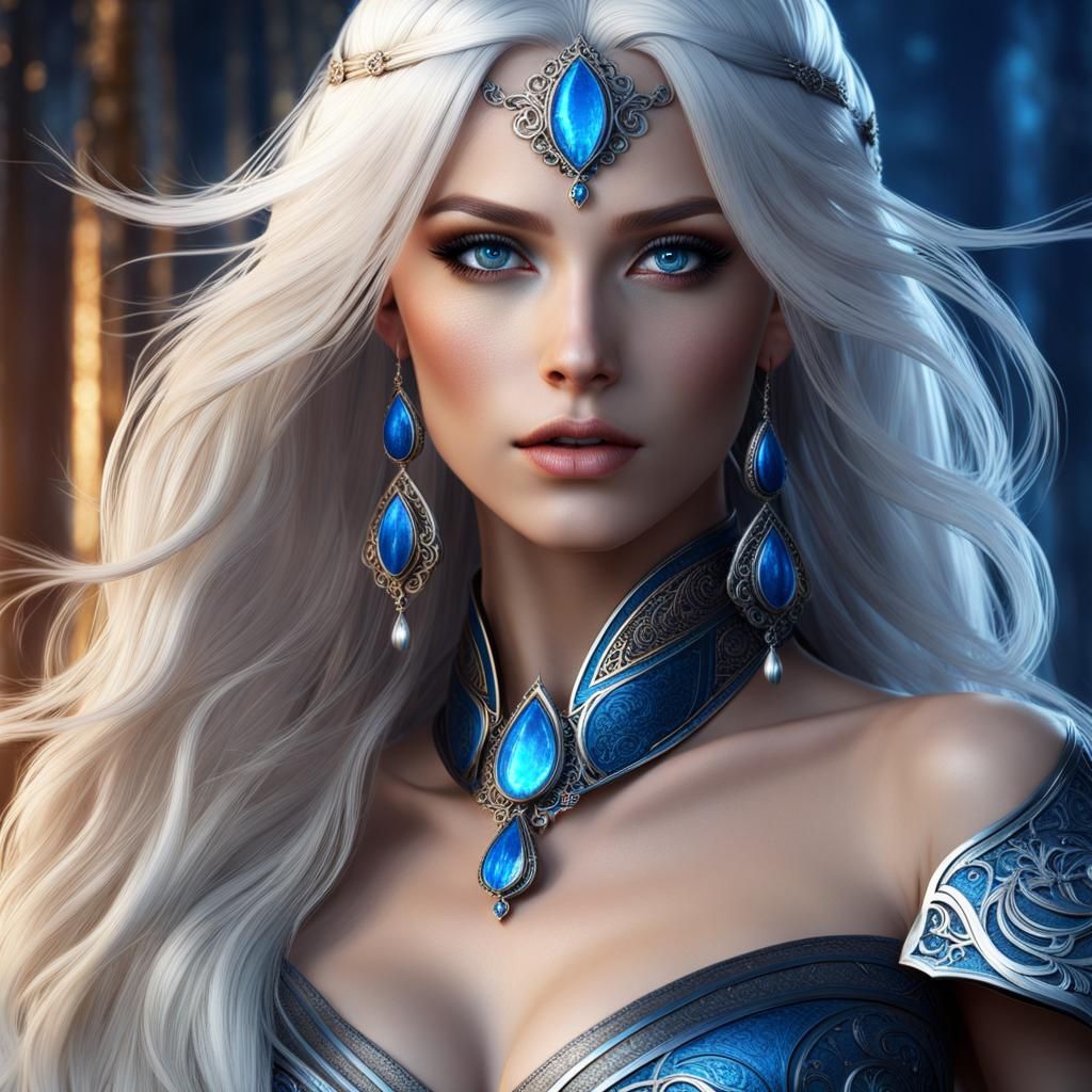 Beautiful girl with long, white hair and blue eyes