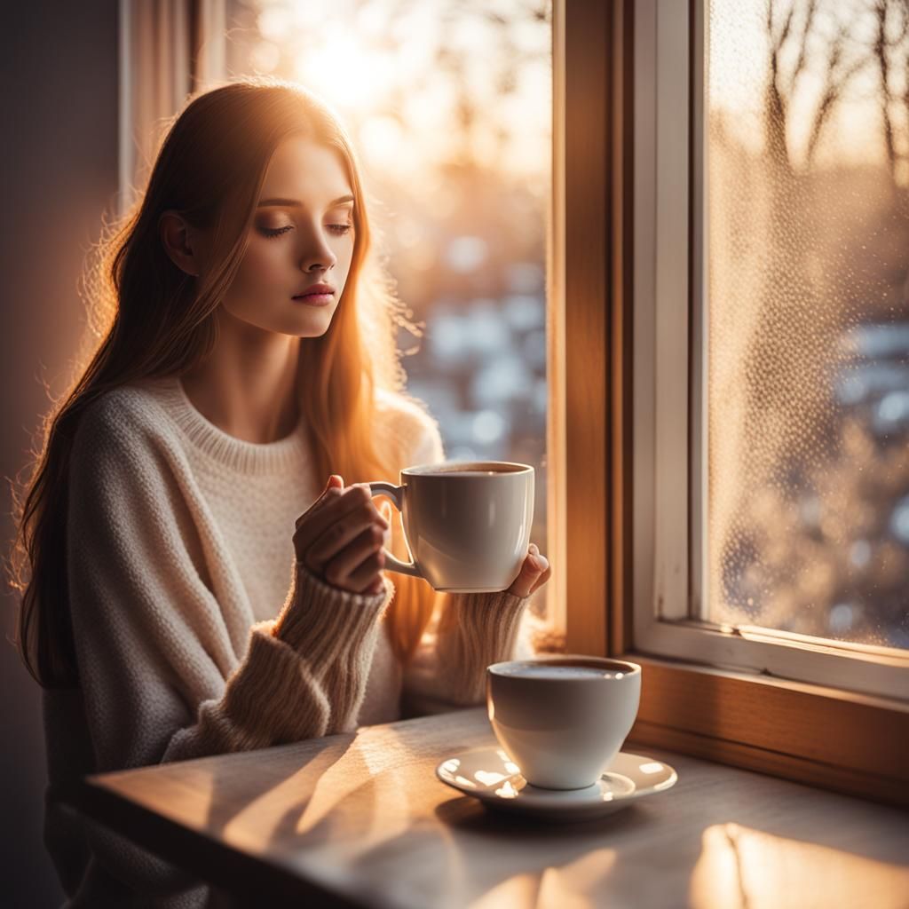 spring girl, a cup of coffee looking out the window