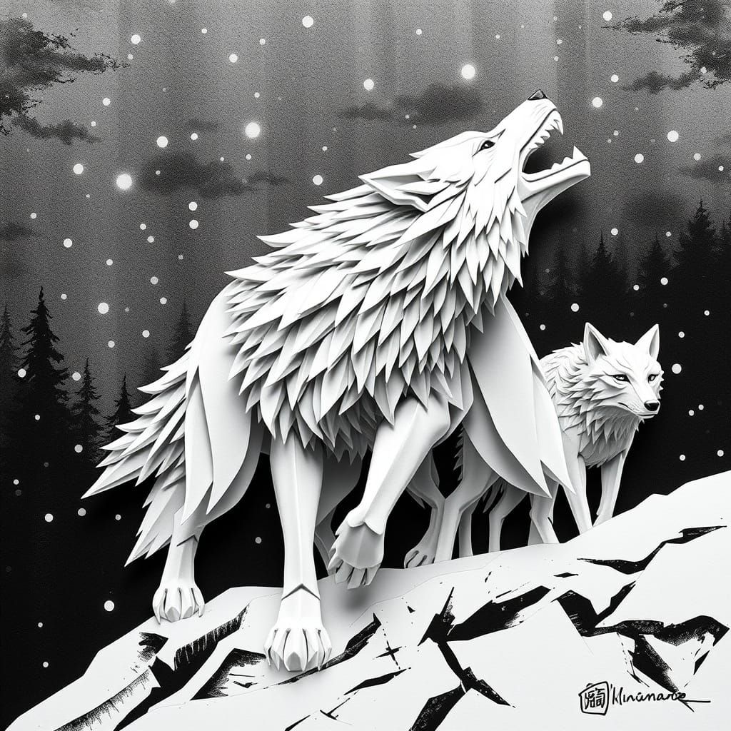 Monochrome Origami Wolf Guiding Pack Through Snow