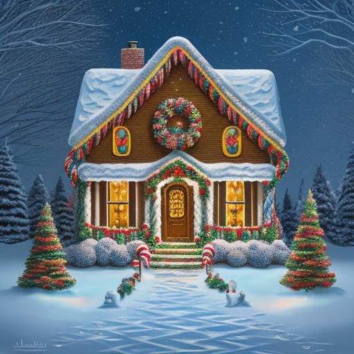 A fantastically detailed gingerbread house in a snowy winter...