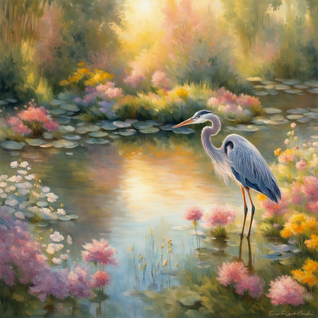 Heron in a Sunlit River Garden