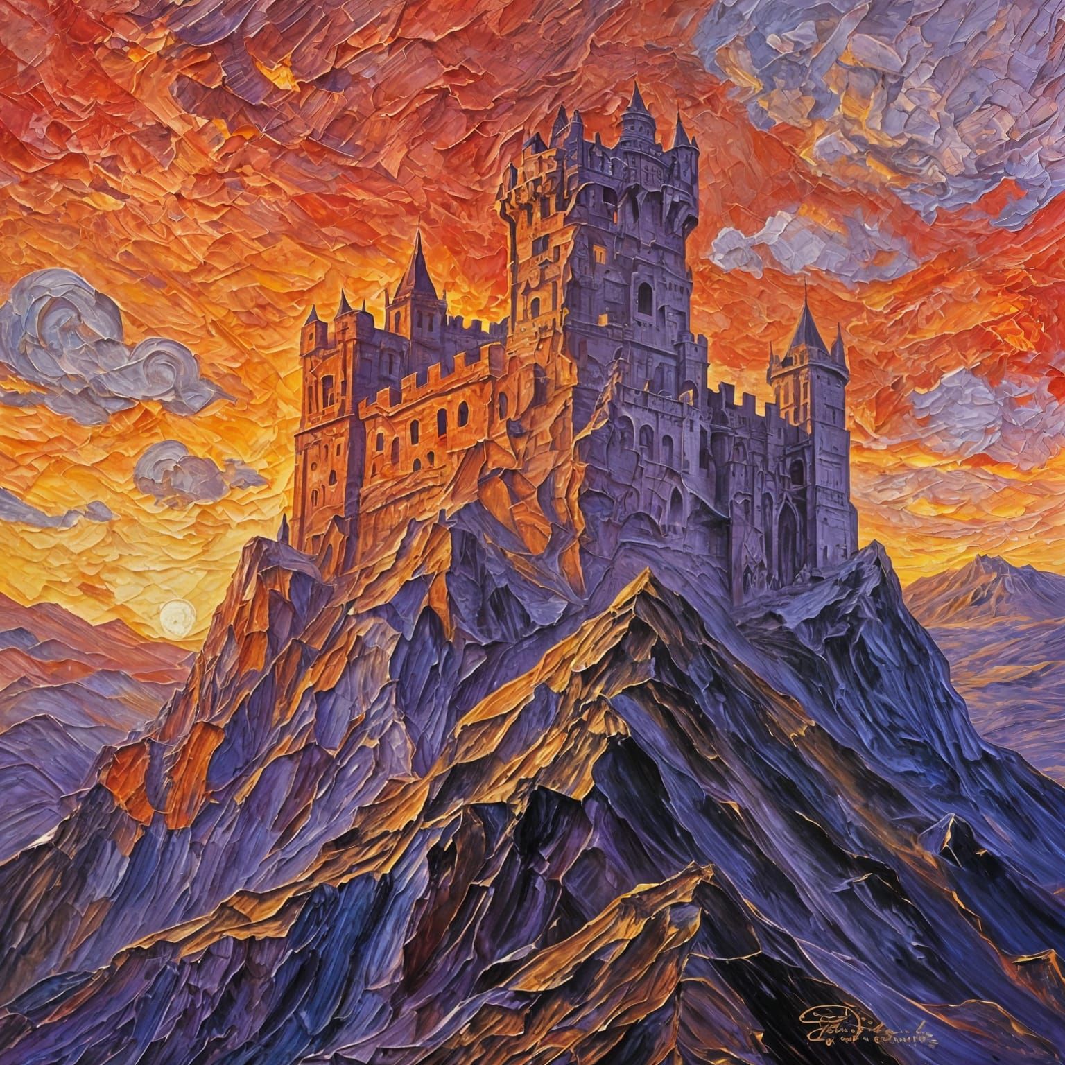 Impasto Castle Painting at Sunset