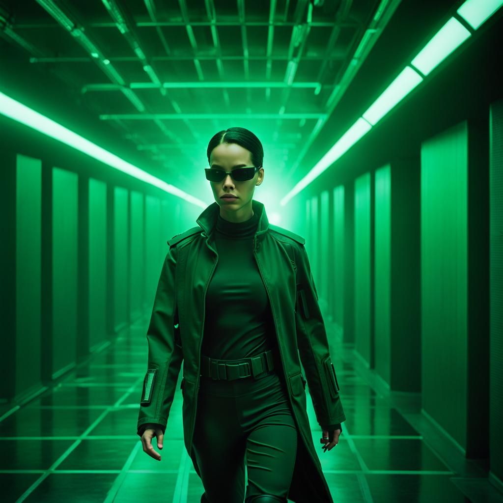 Medium shot of a female sci-fi protagonist walking down the ...
