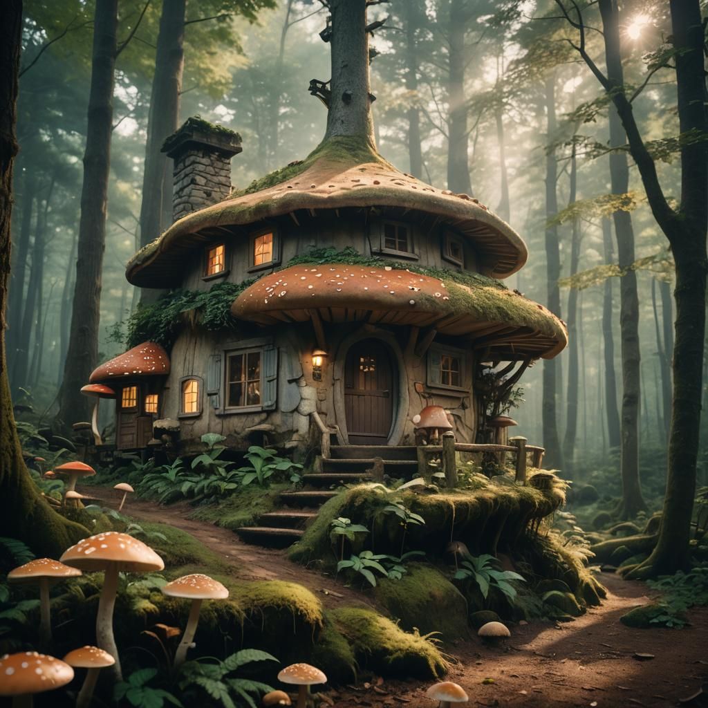 Mushroom House in Forest, Miyazaki-Inspired Cinematic Film S...