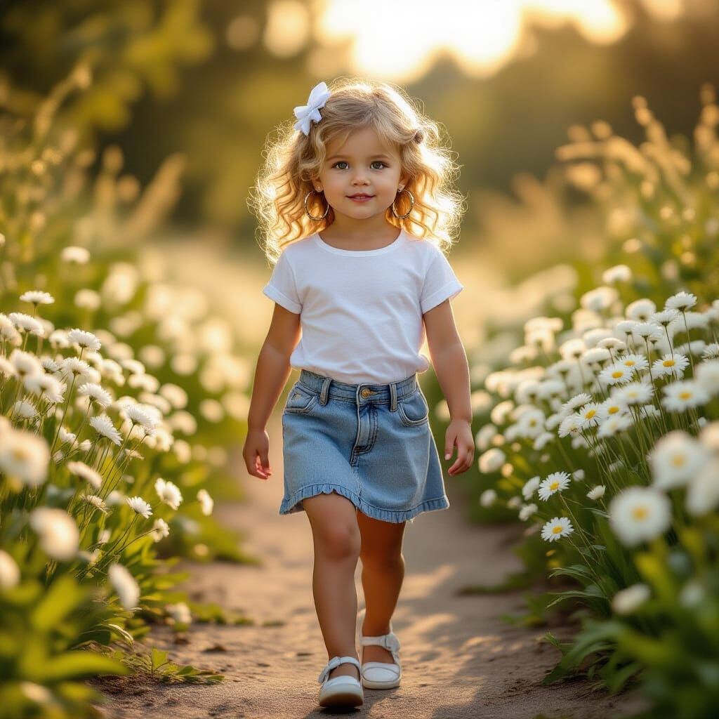 ילדה בת 5 עם שיער בלונדיני עם תלתלים גבוה ויש לה עגילי חיוק גדולים וחולצה לבנה וחצאית גינס ונעליים לבנות מטיילת בשביל של פרחים לבנים והכל אמ...