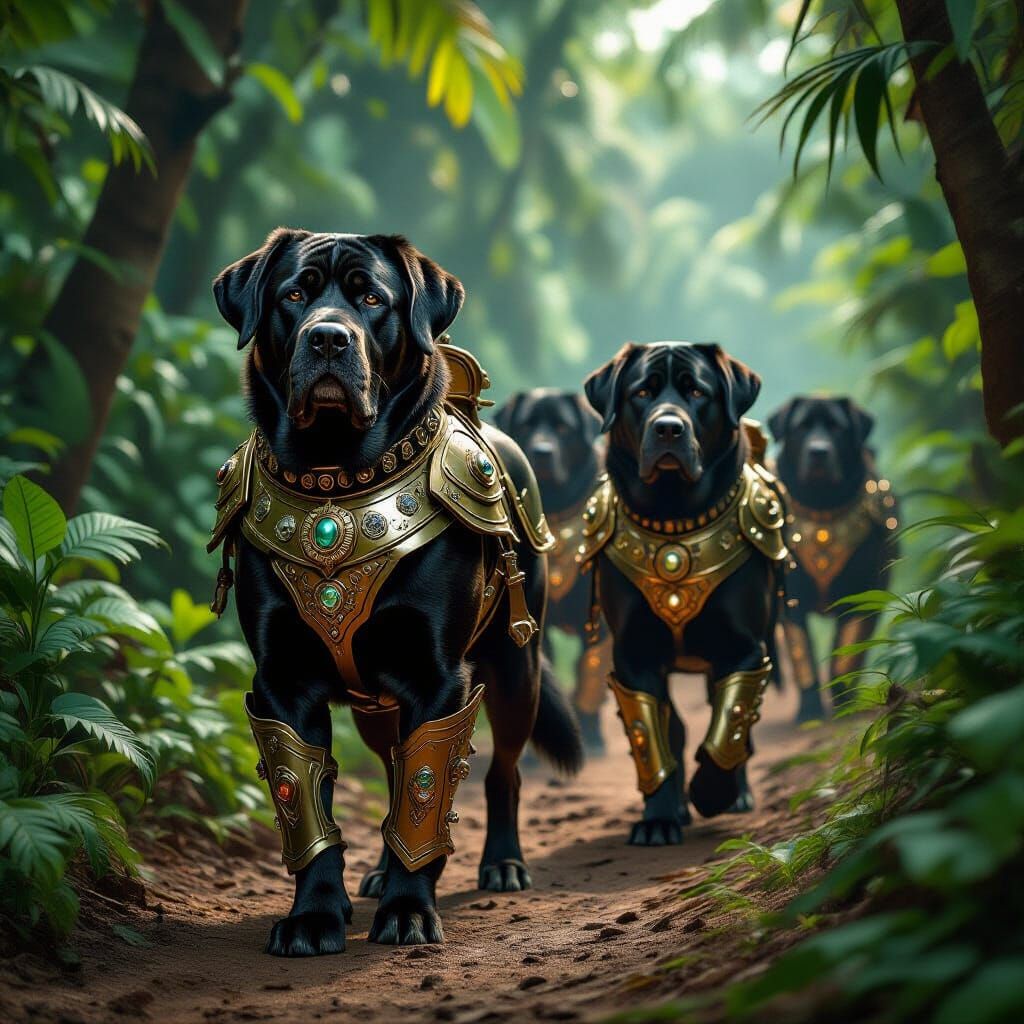 Large black mastiff dogs clad in shining gold and silver armor with precious gems set as decorations, buckles and leather, eyes alert and ea...