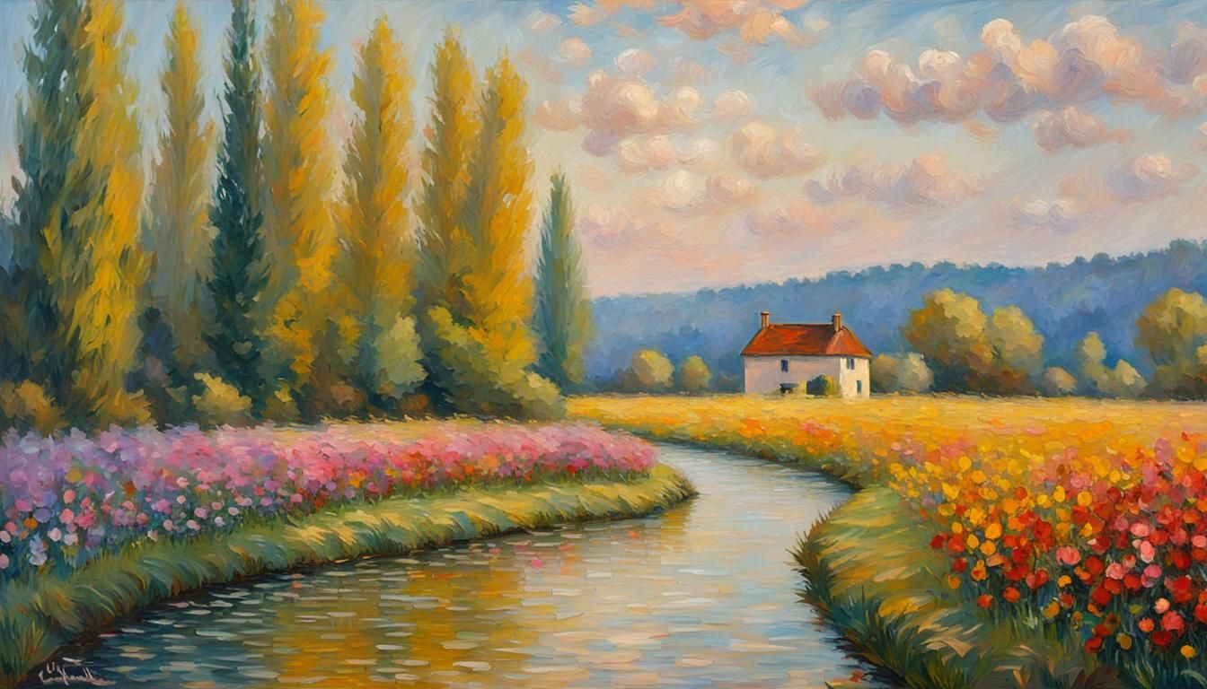 Lonely house by the river, in the style of Claude Monet