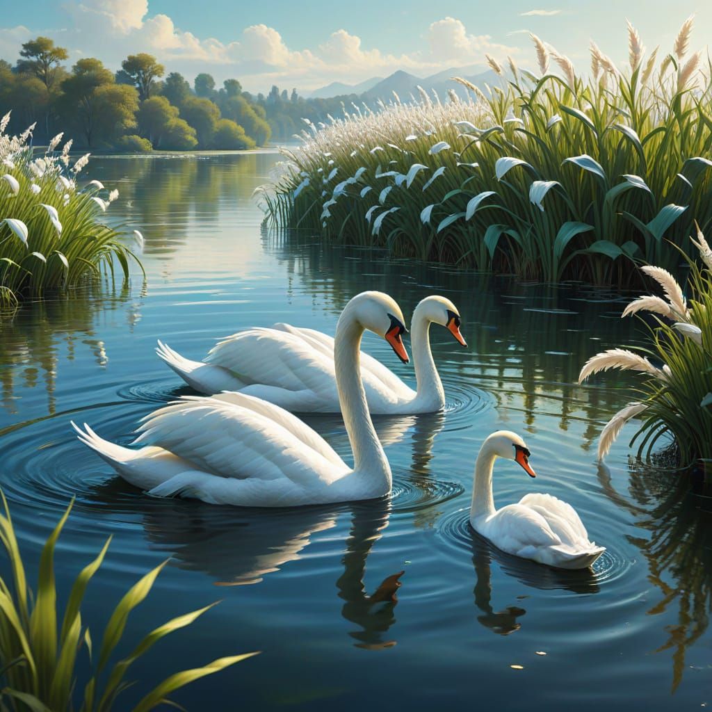 Serene Lake Scene with Elegant White Swans