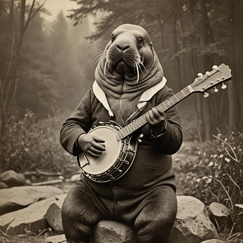 Old timey photo of an anthropomorphic walrus playing a banjo