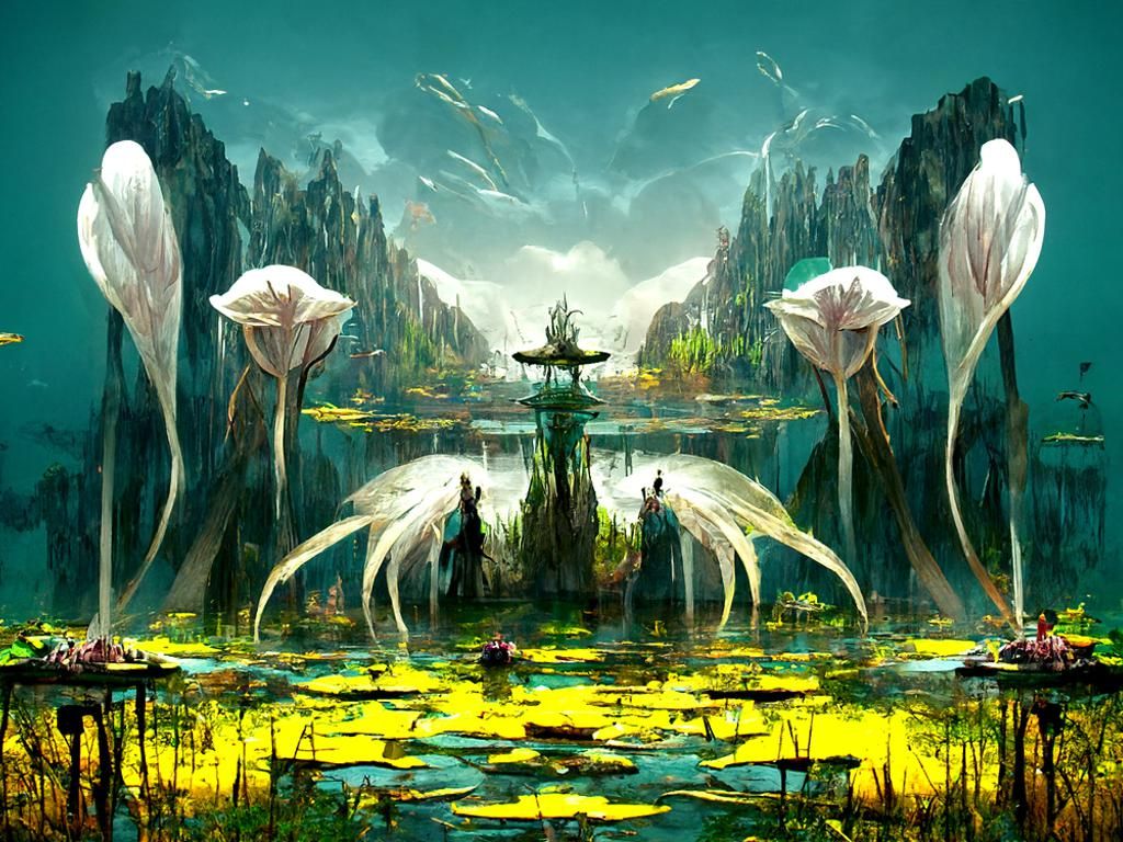 Eldritch Angelic Fantasy Landscape with giant water lilies b...