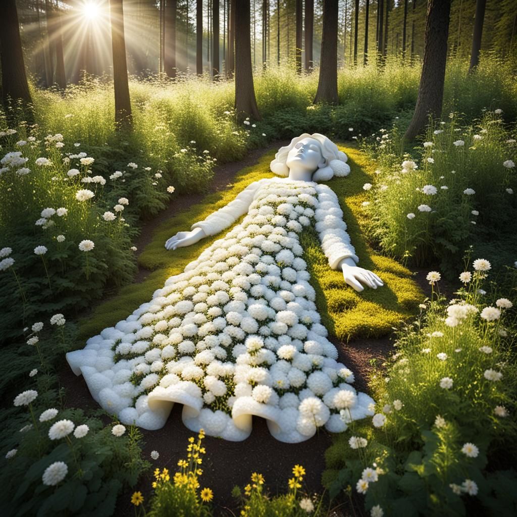 A flower bed has been laid out in a forest clearing. The flo...
