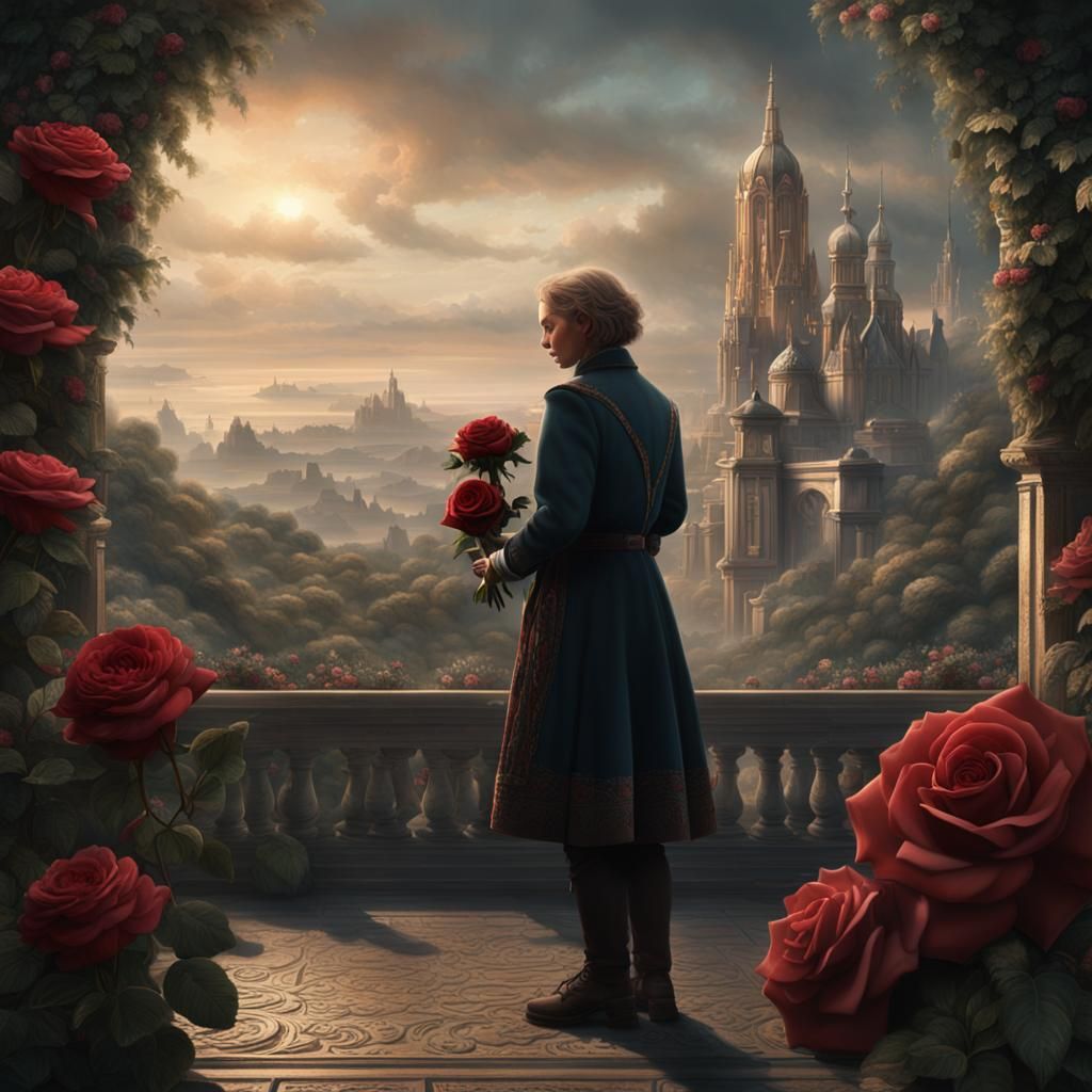 Cat Holding Rose: Dramatic Digital Painting