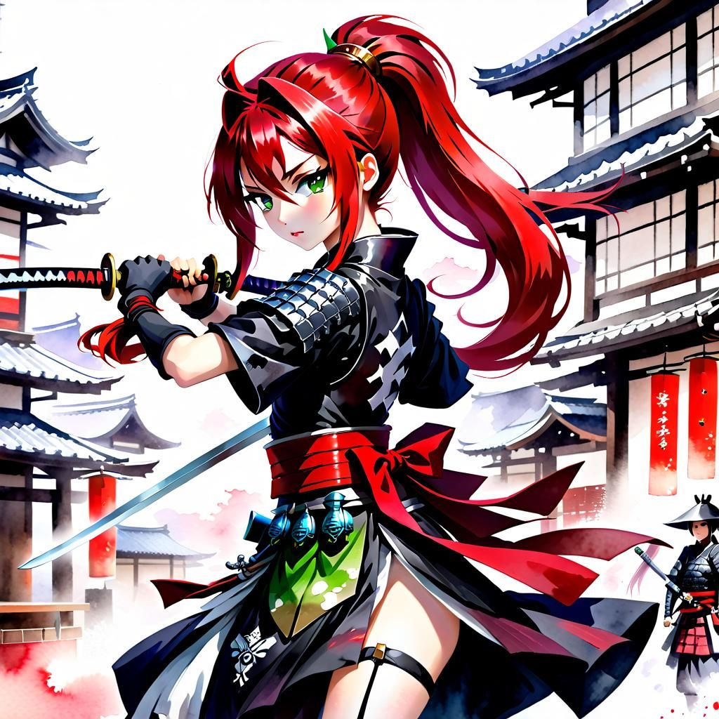 Red-Haired Samurai Spins Katana in Watercolor Town