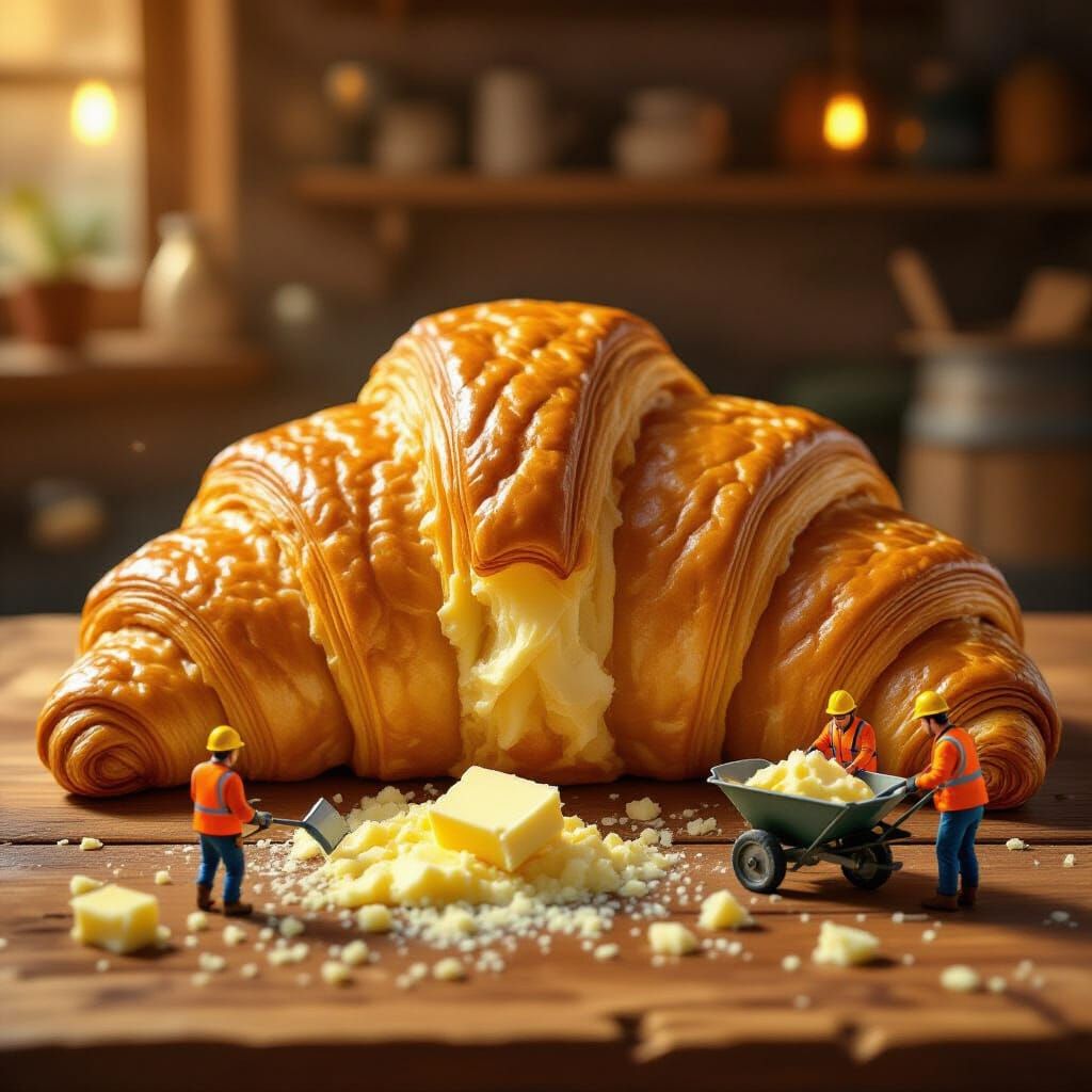 Giant Croissant Construction Crew in Atmospheric Style