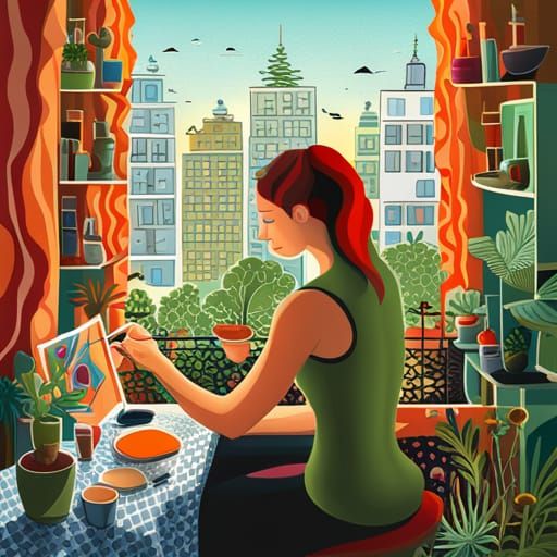 A woman paints greenery from her apartment window. Her studi...