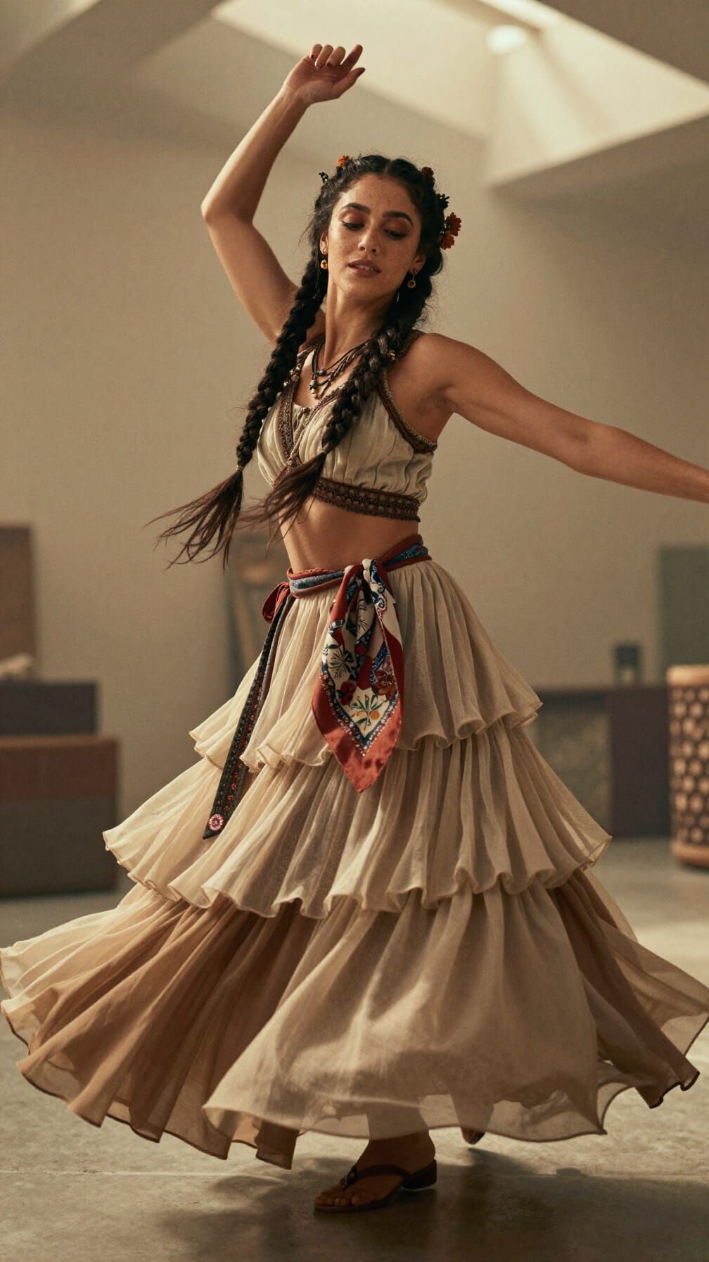 Joyful Woman Dancing in Sunlit Studio